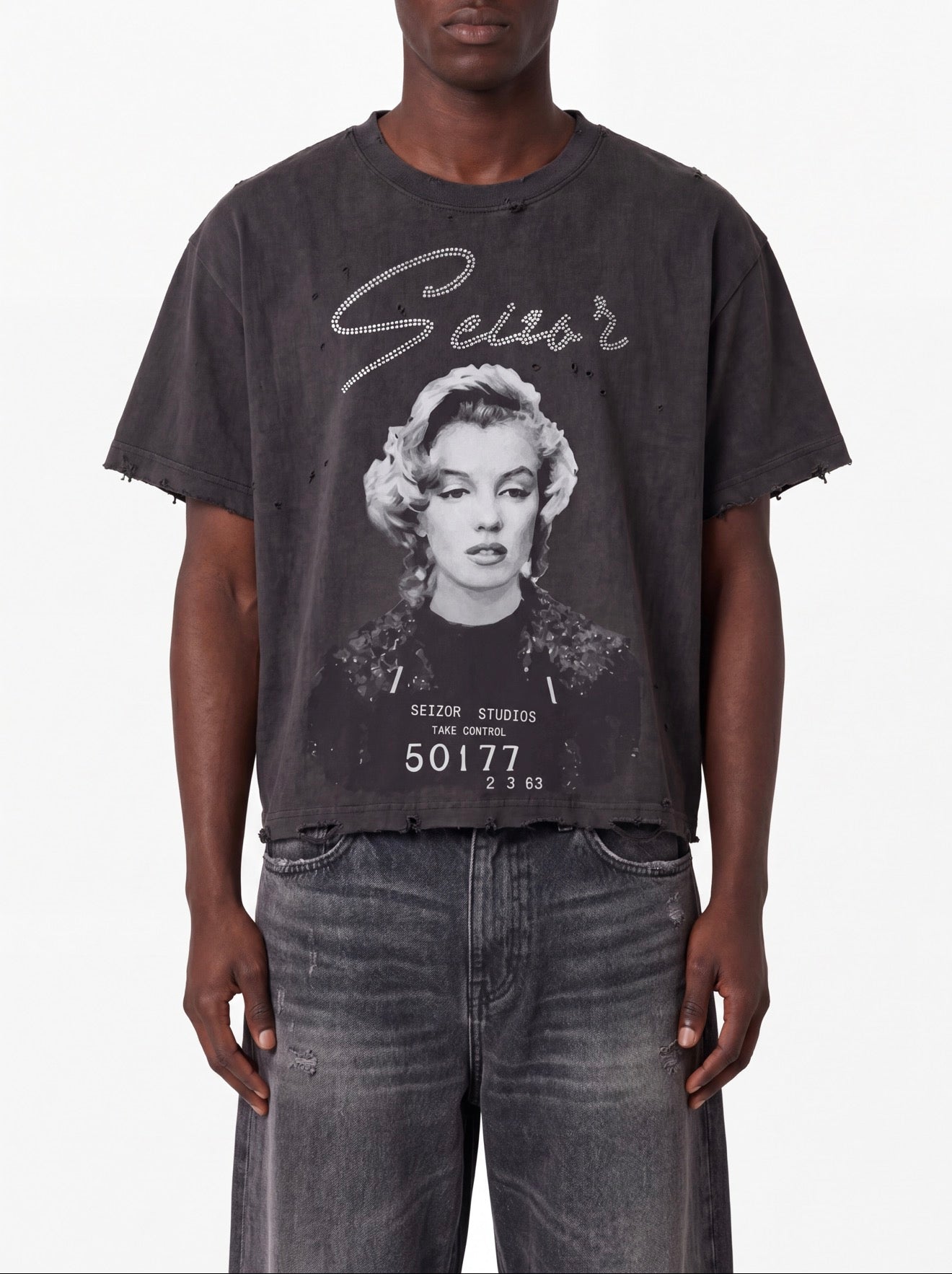 Mugshot Rhinestone Distressed Tee | Seizor Studios